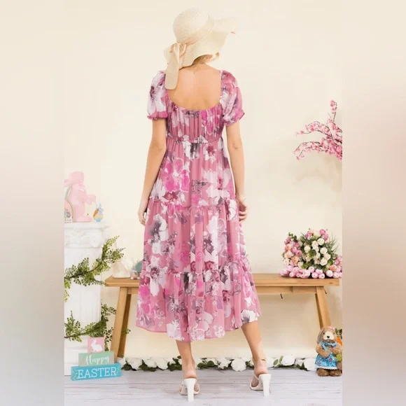 WOMEN'S SHORT SLEEVE SQUARE NECK ELASTIC WAIST FLORAL PRINT MIDI DRESS - Picture 5 of 9